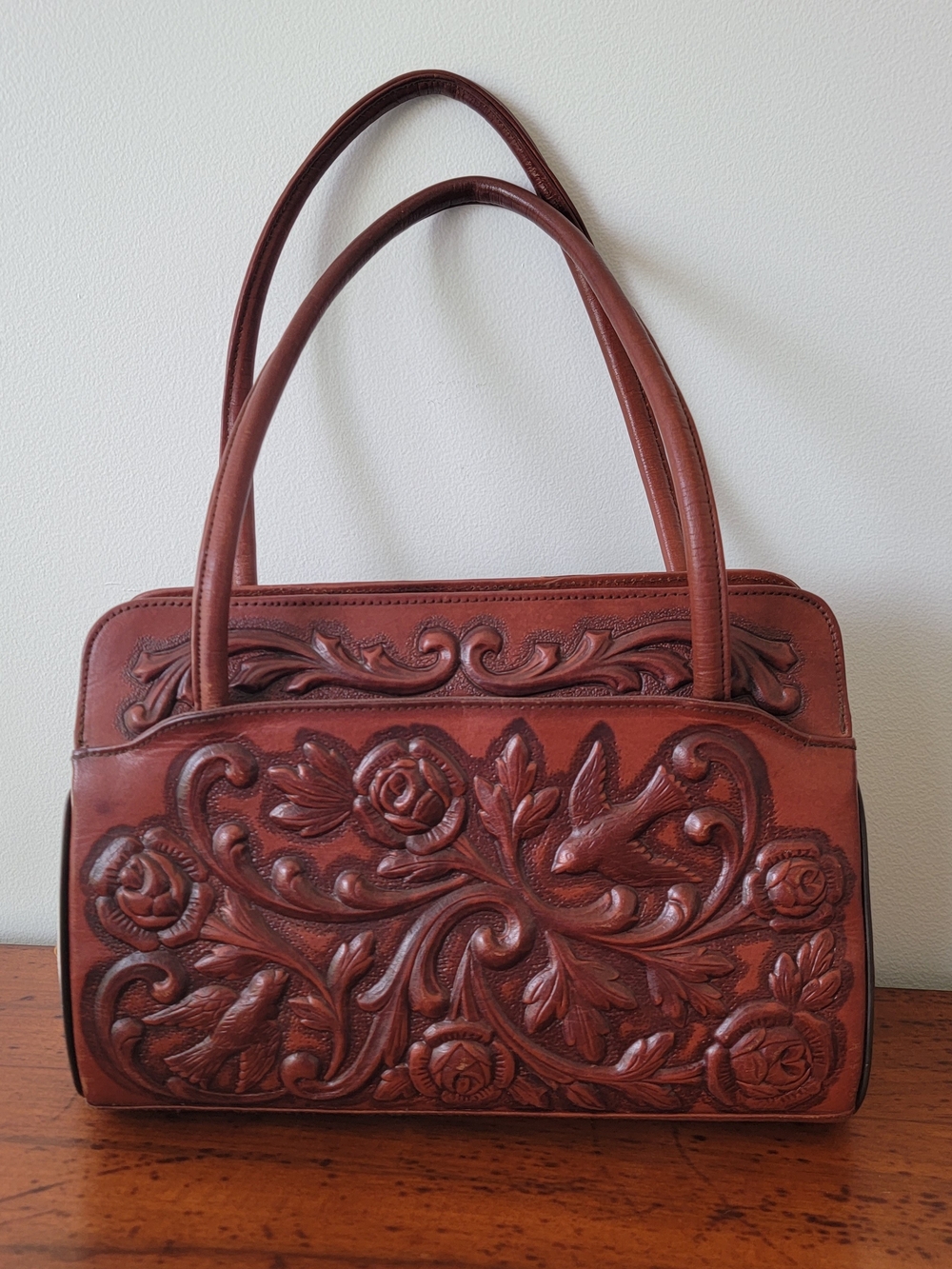 Vintage Mexican Tooled Leather Purse Handbag Flowers And Bird Motif